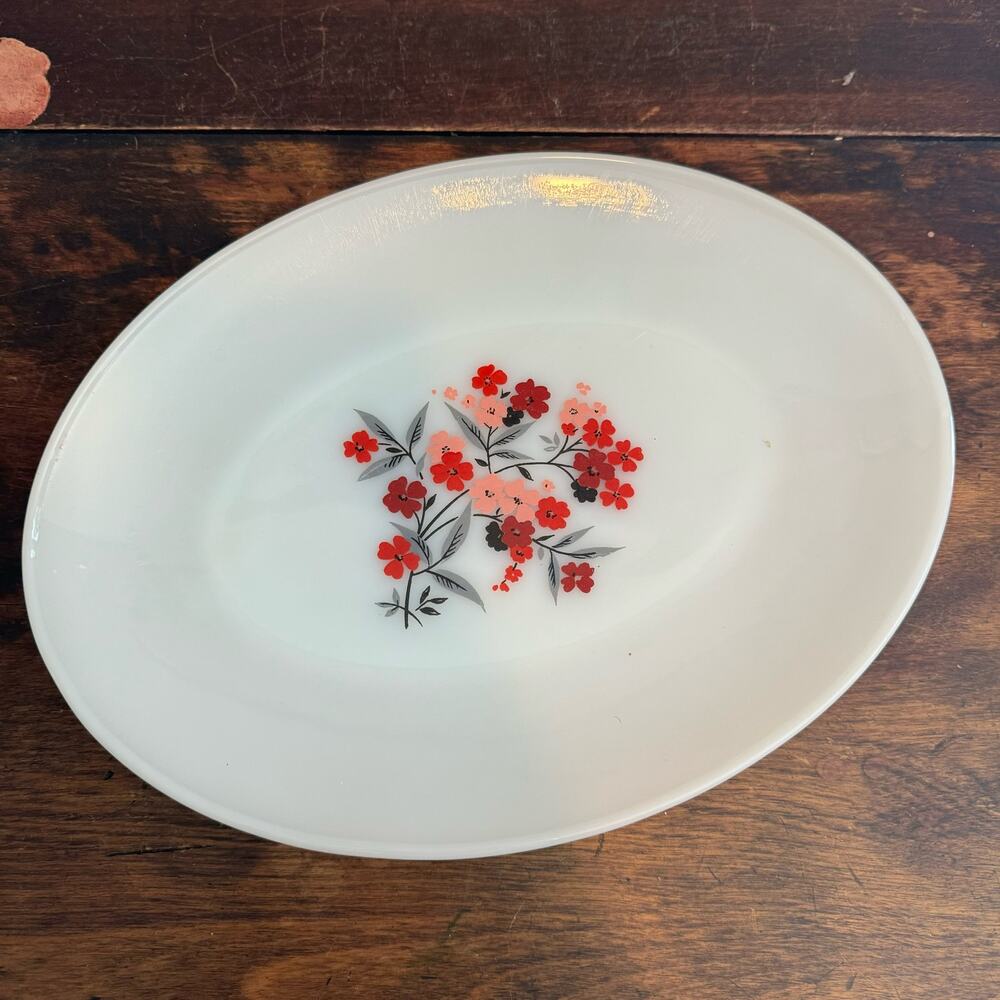 Fire King‎ Vintage Milk Glass Pink Red Flower Serving Plate Platter